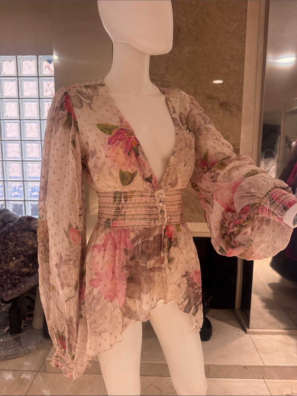 Rococo Sand Sheer Floral Deep V Ruffle Top